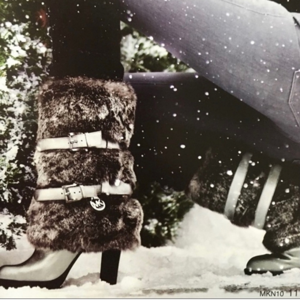WOMENS MICHAEL KORS GUNMETAL SILVER CARLIE FUR BOOTS SIZE 8.5